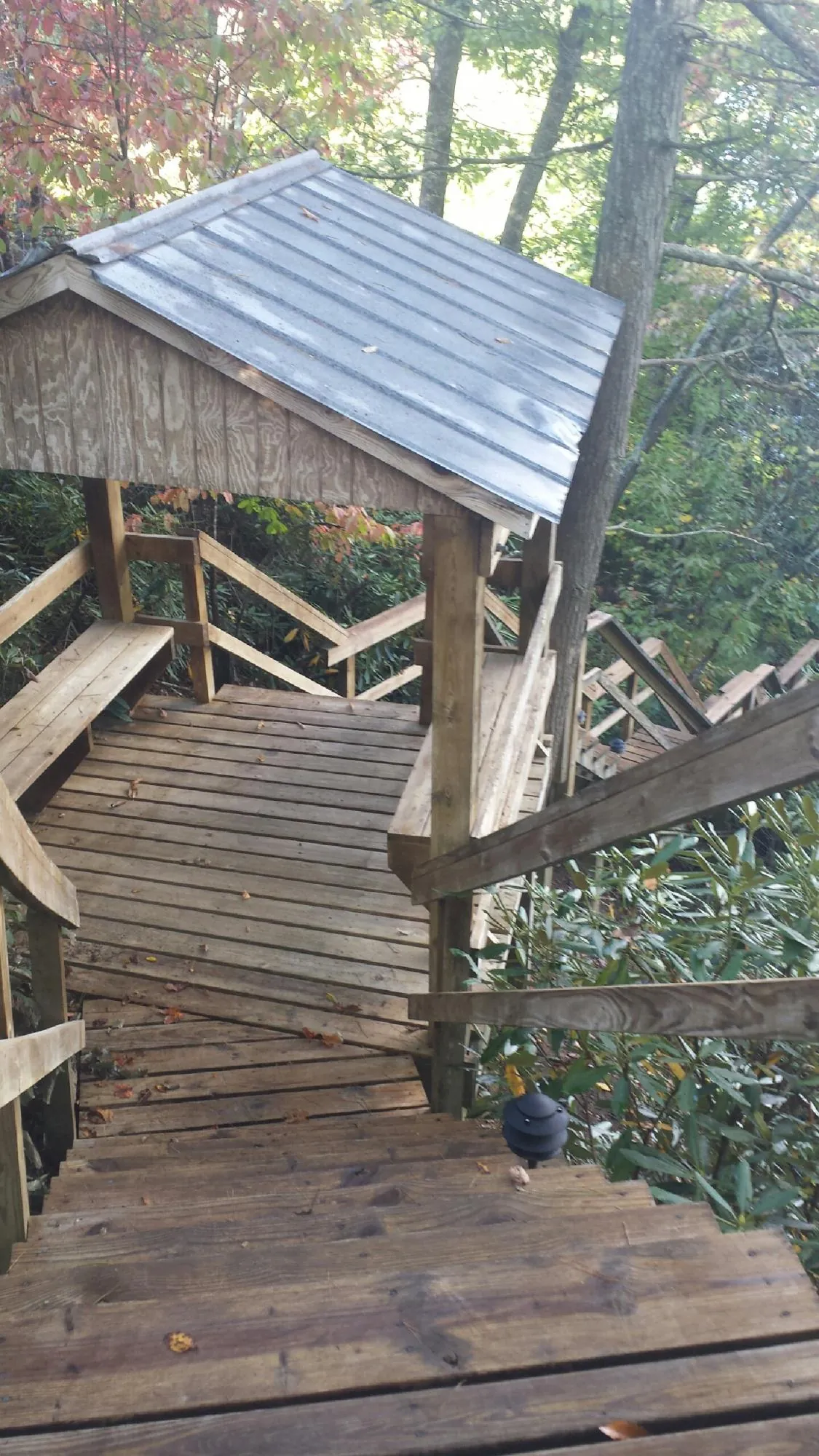 Metal roofed shelter over wooden steps on a wooded walkway — Skylight Repair & Installation work by our crew in Saint Benedict